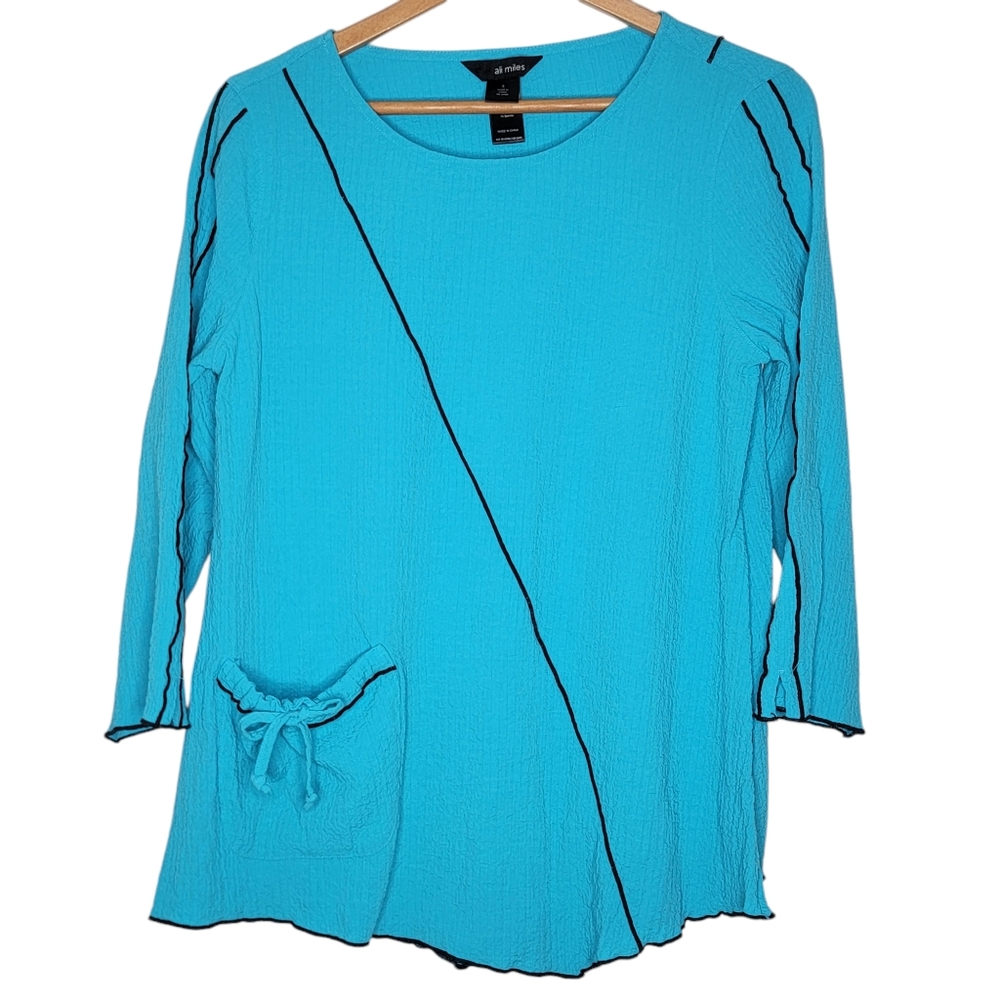 Ali Miles Tunic Top Turquoise Blue Front Pocket 3/4 Sleeve‎ Women's Blouse Small